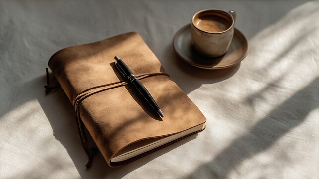 Cozy workspace with leather journal, pen, and coffee cup bathed in warm sunlight for creative inspiration and planning