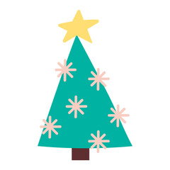 Decorative hand drawn turquoise christmas tree with festive star ornaments