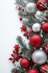 Christmas garland border featuring vibrant red and silver decorations with baubles and stars