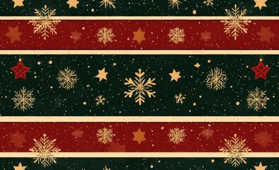 Festive Christmas seamless pattern with vintage snowflakes and stars on a deep red and green background, evoking holiday cheer and winter warmth