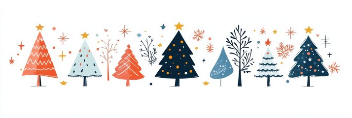 Colorful Christmas tree illustrations in a whimsical flat design with festive decorations and stars