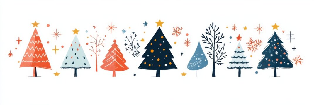 Colorful Christmas tree illustrations in a whimsical flat design with festive decorations and stars