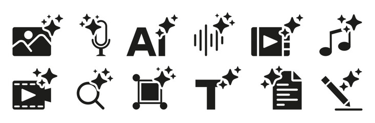 Ai content icon collection with sparkling symbols. Artificial intelligence and media icons for creative automation and digital tools