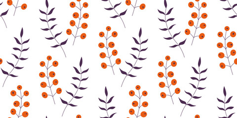 Seamless botanical pattern with orange berries and purple leaves on a white background for wallpaper, textiles, fabric and wrapping paper. 