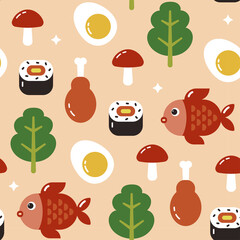 Pixel Art Pattern of Sushi Eggs Mushrooms Fried Chicken and Fish on a Light Peach Background with Sparkles
