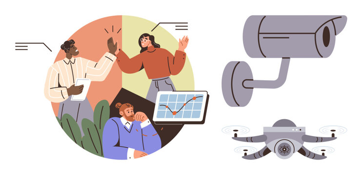 Business team strategizing with charts, circular design element, wall-mounted security camera, and a surveillance quadcopter. Ideal for teamwork, strategy, safety, security, analytics monitoring