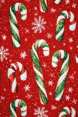 Festive candy cane pattern with snowflakes on vibrant red background for holiday cheer and Christmas celebration