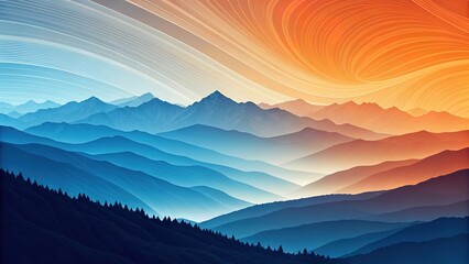 Layered mountains under orange and blue gradient sky with dynamic lines, forested slopes, ideal for nature, landscape, or adventure concept.