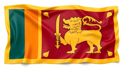 Photorealistic image of the flag of Sri Lanka with red, green, and orange stripes, featuring a golden lion holding a sword and four corner leaves. Isolated on a white background.
