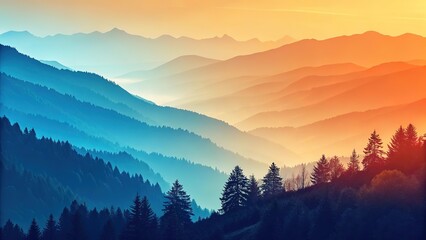 Layered mountains in warm orange and blue gradient sky with forest and mist, perfect for nature, landscape, or tranquil scene concept.