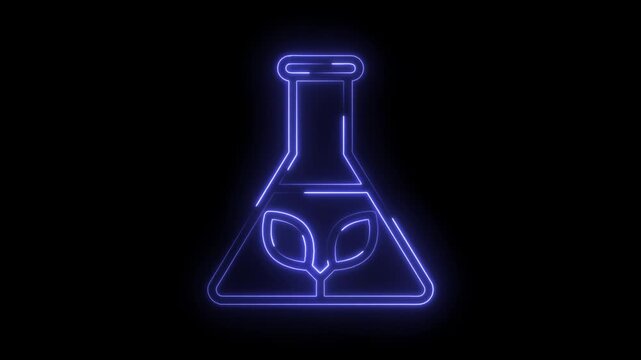 Neon laboratory beaker with plant leaves glowing on black background for eco science