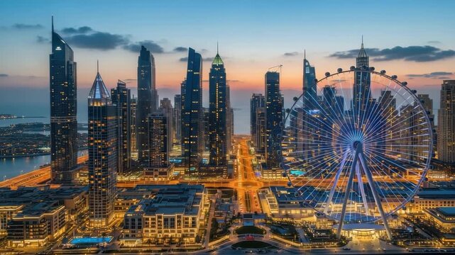 Dubai skyline at night with the ain dubai ferris wheel and skyscrapers