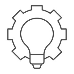 Cogwheel with light bulb thin line icon, electricity concept. Vector graphics. Cogs gear and lamp sign on white background, outline style icon for mobile or web design.