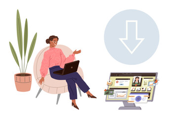 Naklejka na ściany i meble Woman seated with laptop near plant, pointing to a screen showing files, charts, and download arrow. Ideal for technology, remote work, downloads, data sharing, communication productivity workflow Naklejka na ściany i meble Woman seated with laptop near plant, pointing to a screen showing files, charts, and download arrow. Ideal for technology, remote work, downloads, data sharing, communication productivity workflow