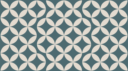 A repeating pattern of interlocking white petal shapes on a dark teal colored background surface design
