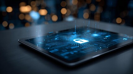 Secure digital transformation visualized with a glowing padlock icon on a tablet screen, symbolizing data protection and cyber safety in technology.