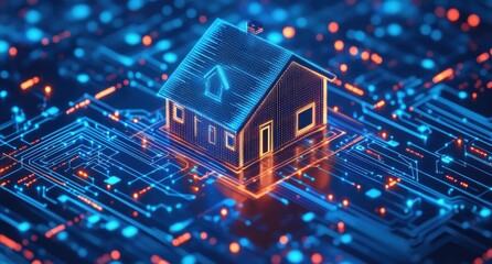 Futuristic smart home concept with glowing digital elements on a blue background, showcasing advanced technology and innovation