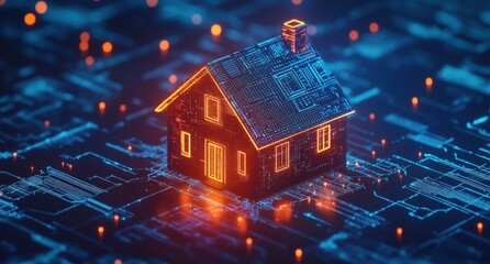 Futuristic glowing house with digital elements on a blue circuit background depicting technology and innovation
