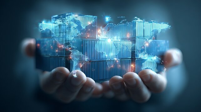 Global logistics innovation visualized with glowing world map over stacked shipping containers held in hands