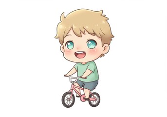 Cute Cartoon Boy Riding a Pink Bicycle with Joyful Expression in a Playful Style