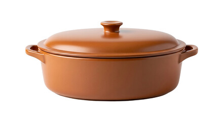Brown ceramic casserole dish with lid isolated on transparent background for cooking