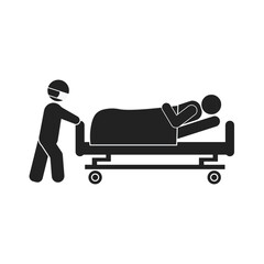 Isolated silhouette stick figure illustration of a nurse pushing a sick patient on a hospital bed towards the treatment room, for advertisements and flyers with healthcare and hospital icons.