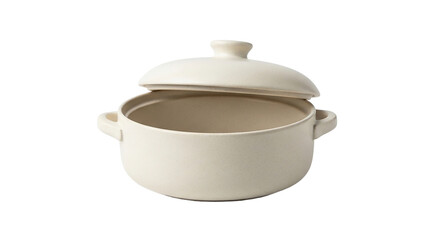 Beige ceramic casserole dish with lid isolated on transparent background for cooking