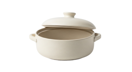 Beige ceramic casserole dish with lid isolated on transparent background for cooking