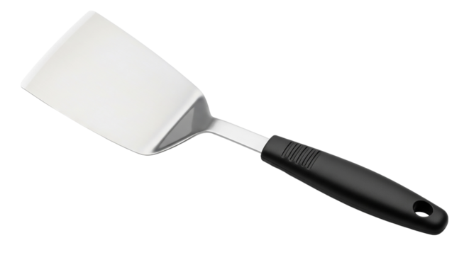 Metal spatula with black handle isolated on transparent background for cooking