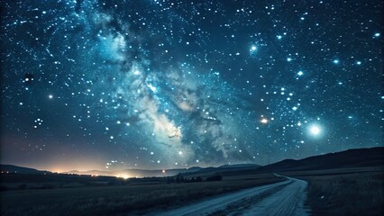 Milky Way in deep blue starry sky above road, field, and distant mountains, perfect for astronomy, nature, or tranquil nightscape concept.
