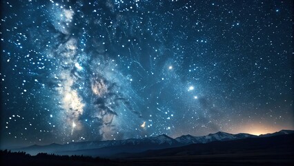 Milky Way in deep blue starry sky above snowy mountains and forest, ideal for astronomy, nature, or nightscape concept.