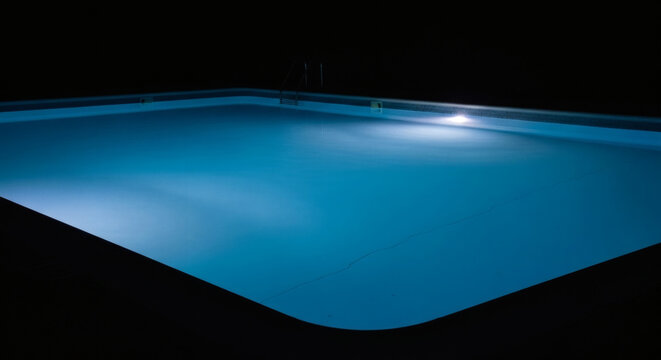 Serene nocturnal glow of a luxurious swimming pool, casting a peaceful blue light across the dark surroundings, inviting tranquility and relaxation in a modern outdoor setting
