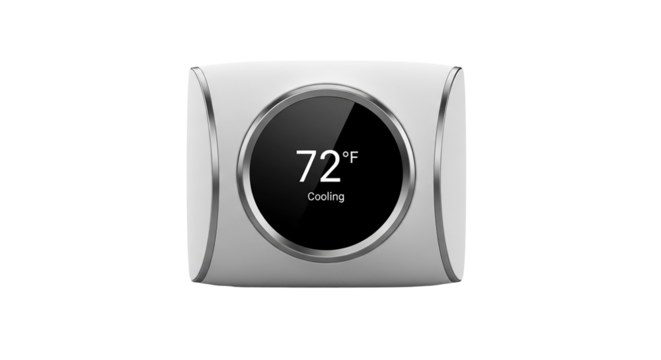 Smart thermostat displaying 72 degrees fahrenheit isolated on transparent background - Powered by Adobe