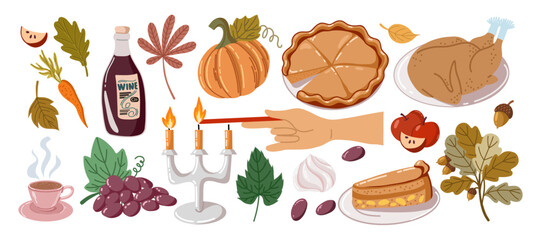 Set of Thanksgiving elements on white background