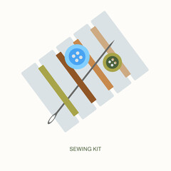 Sewing kit with threads, needle and buttons. Hotel amenity for guest rooms and travel kits. For packaging, welcome cards, brochures, booking pages and web banners.