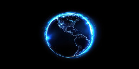Obraz premium Abstract blue globe with glowing continents and light.