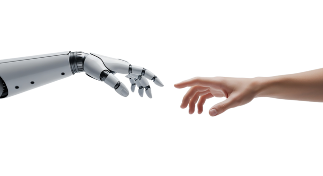 Human and robot hands reaching each other isolated on transparent background