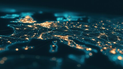 Aerial view of illuminated European cities at night showcasing vibrant urban networks and connections