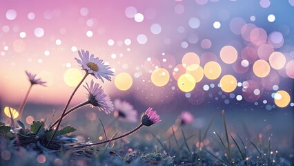 Daisies blooming amidst bokeh lights in pink and purple gradient sky, perfect for nature, floral, or dreamy scene concept.