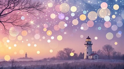 Lighthouse in dreamy pink and purple sky with bokeh lights and trees, distant small lighthouse, ideal for coastal, serene, or magical scene concept.