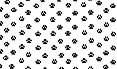 Seamless pattern of black paw prints scattered on a white background animal themed design element