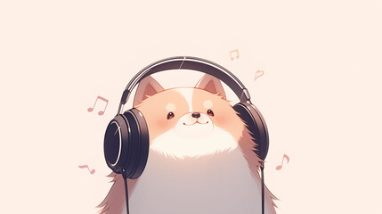ヘッドフォンをつけたキュートな犬癒し系キャラクター