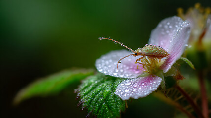 Fototapeta premium Close-up macro photography of dew on leaf or insect on flower in natural habitat