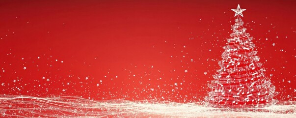 Festive Christmas tree glowing with musical notes on a vibrant red background, capturing the essence of holiday joy and musical celebration