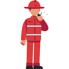 Male Firefighter In Red Uniform Holding Walkie Talkie And Communicating With Clear Transparent...