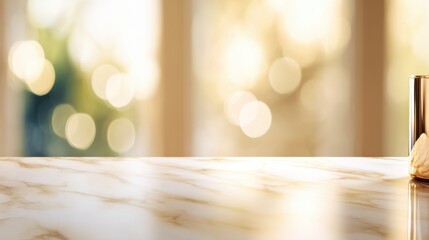 Elegant marble countertop with a cocktail shaker and lemon garnish, soft bokeh background creating a warm ambiance
