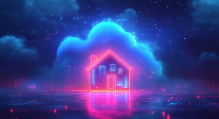 Glowing smart home icon beneath vibrant cloud in cosmic digital space symbolizes advanced technology and connectivity