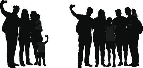 Silhouette of family taking selfie together, parents children and friends group posing outdoors, happy people photographing, modern lifestyle moment captured