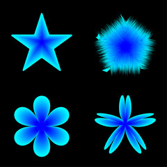 Abstract conceptual collection of vibrant blue neon glowing shapes including a star and flowers isolated on a black background