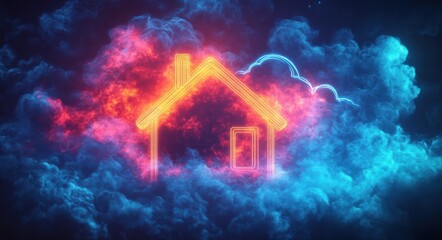 Smart home technology concept illustrated with neon house icon on digital cloud background